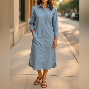 VTG EDDIE BAUER PRAIRIE COTTAGE CORE LIGHT BLUE CHAMBRAY DENIM MAXI DRESS SZ S-P